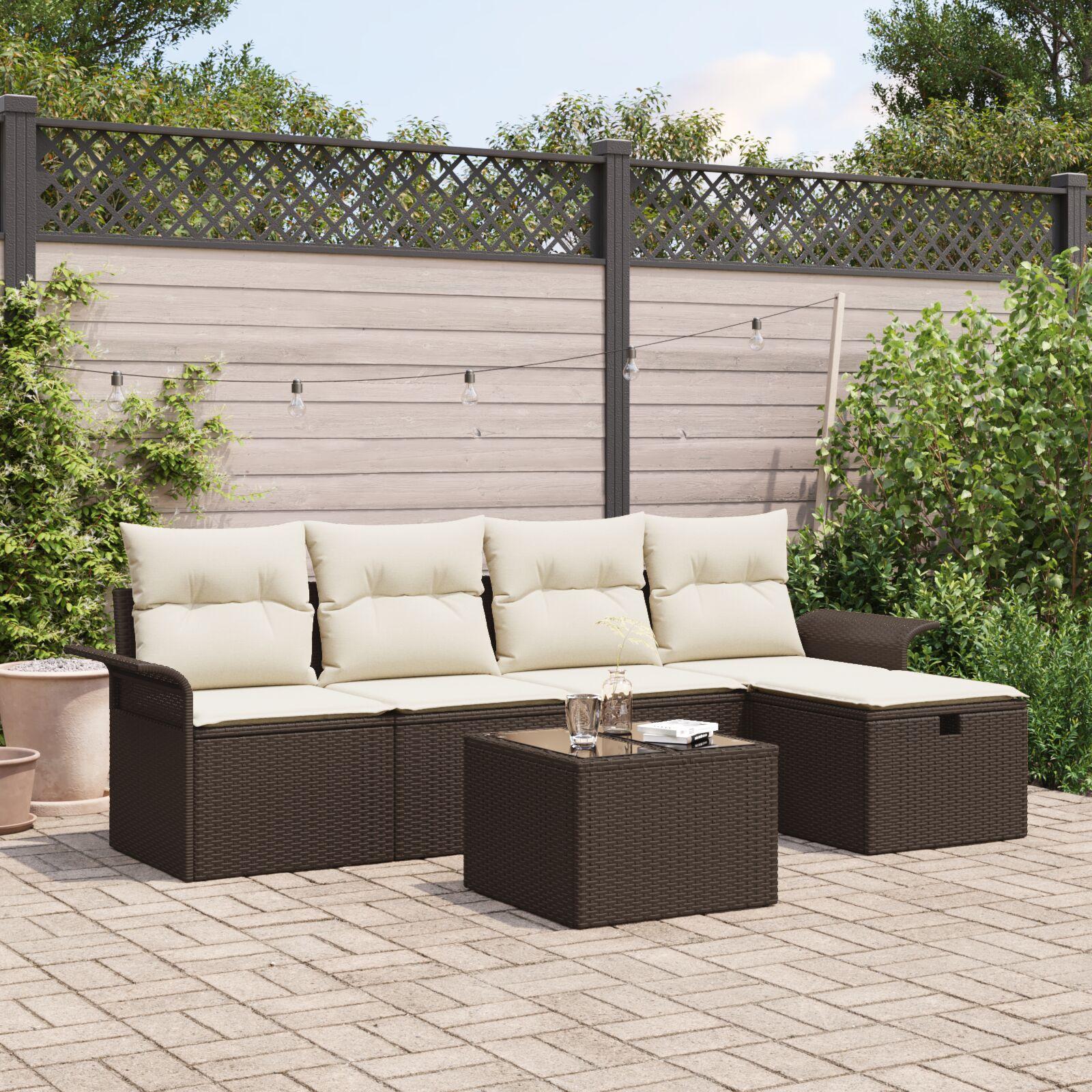 6 Stykker Have Sofa Sæt med Puder Brun Polyrattan