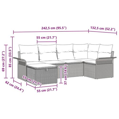 6 Dels Have Sofa Sæt med Puder Lys Grå Poly Rattan