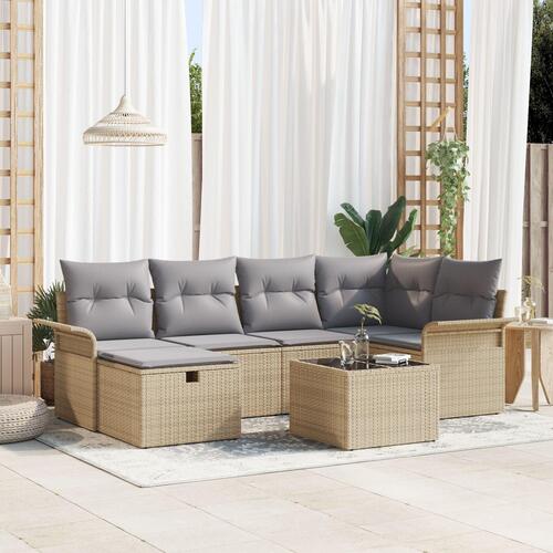 7 Stykke Have Sofa Sæt med Puder Beige Poly Rattan