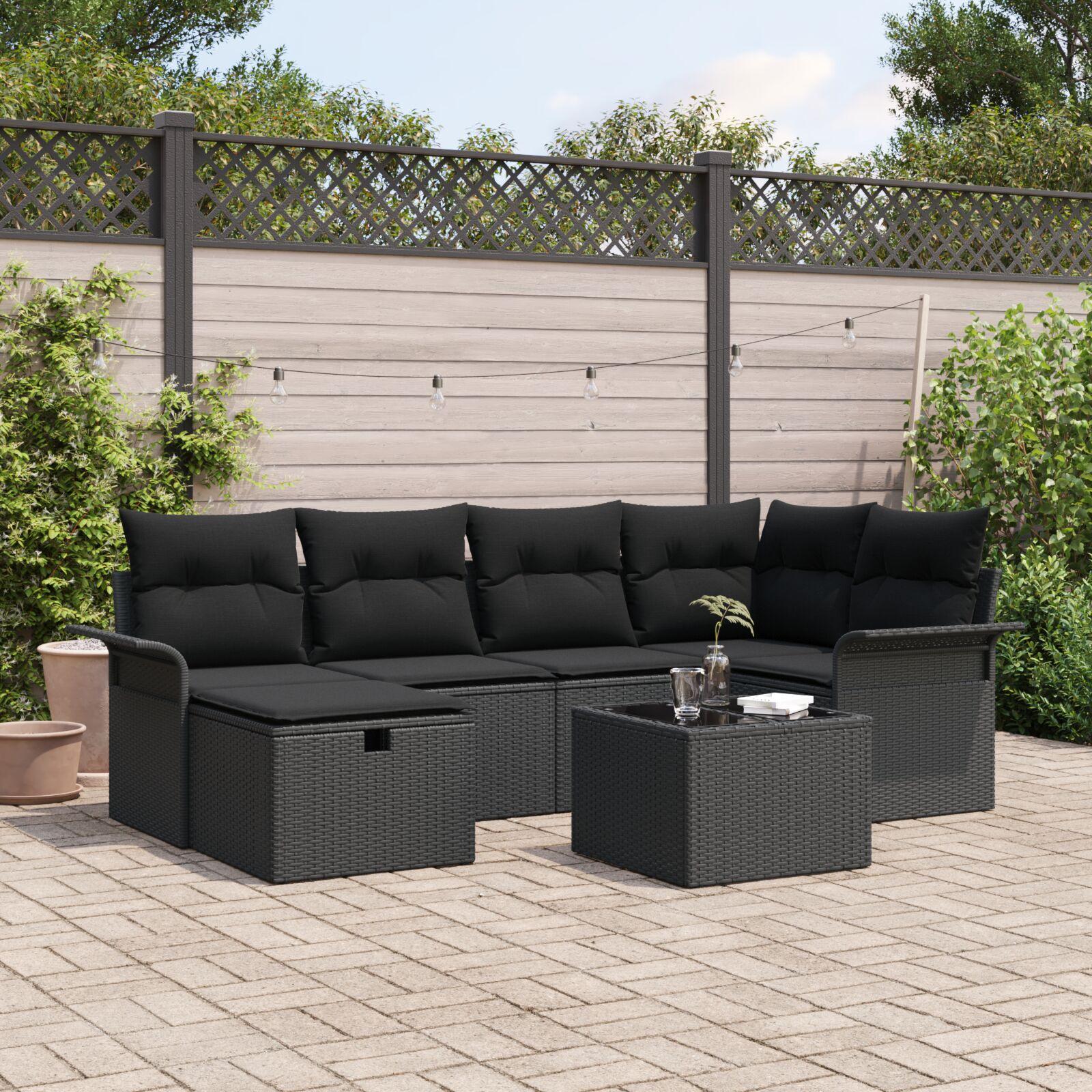7 Stykke Havemøbel Sofa Sæt med Puder Sort Polyrattan