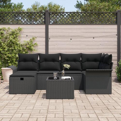 7 Stykke Havemøbel Sofa Sæt med Puder Sort Polyrattan