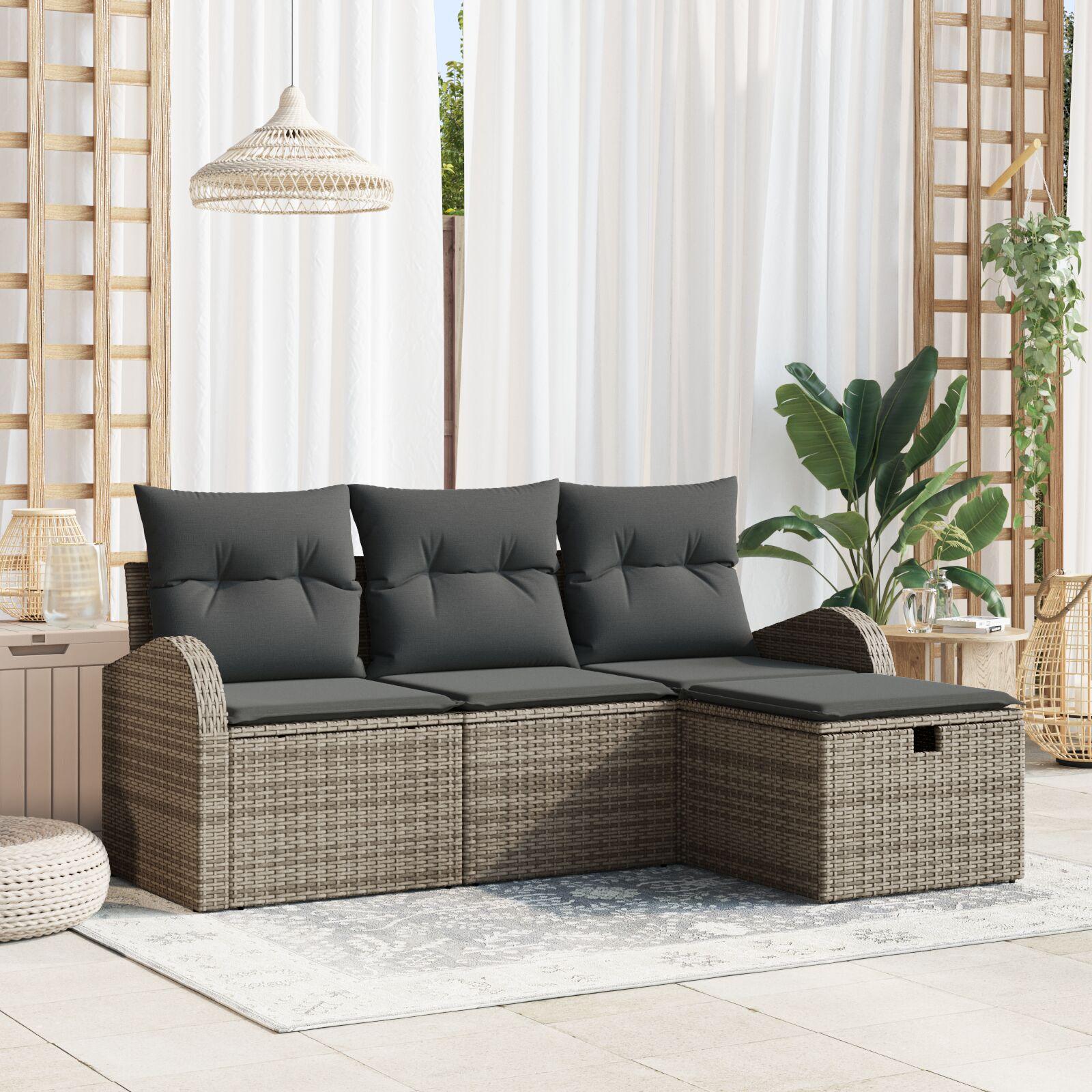4 Delt Have Sofa Sæt med Puder Grå Poly Rattan