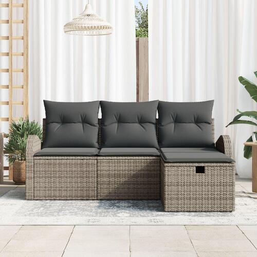 4 Delt Have Sofa Sæt med Puder Grå Poly Rattan