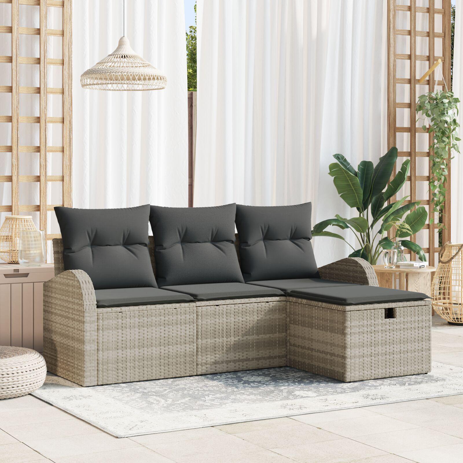 4 Piece Garden Sofa Sæt med Puder Lys Grå Poly Rattan