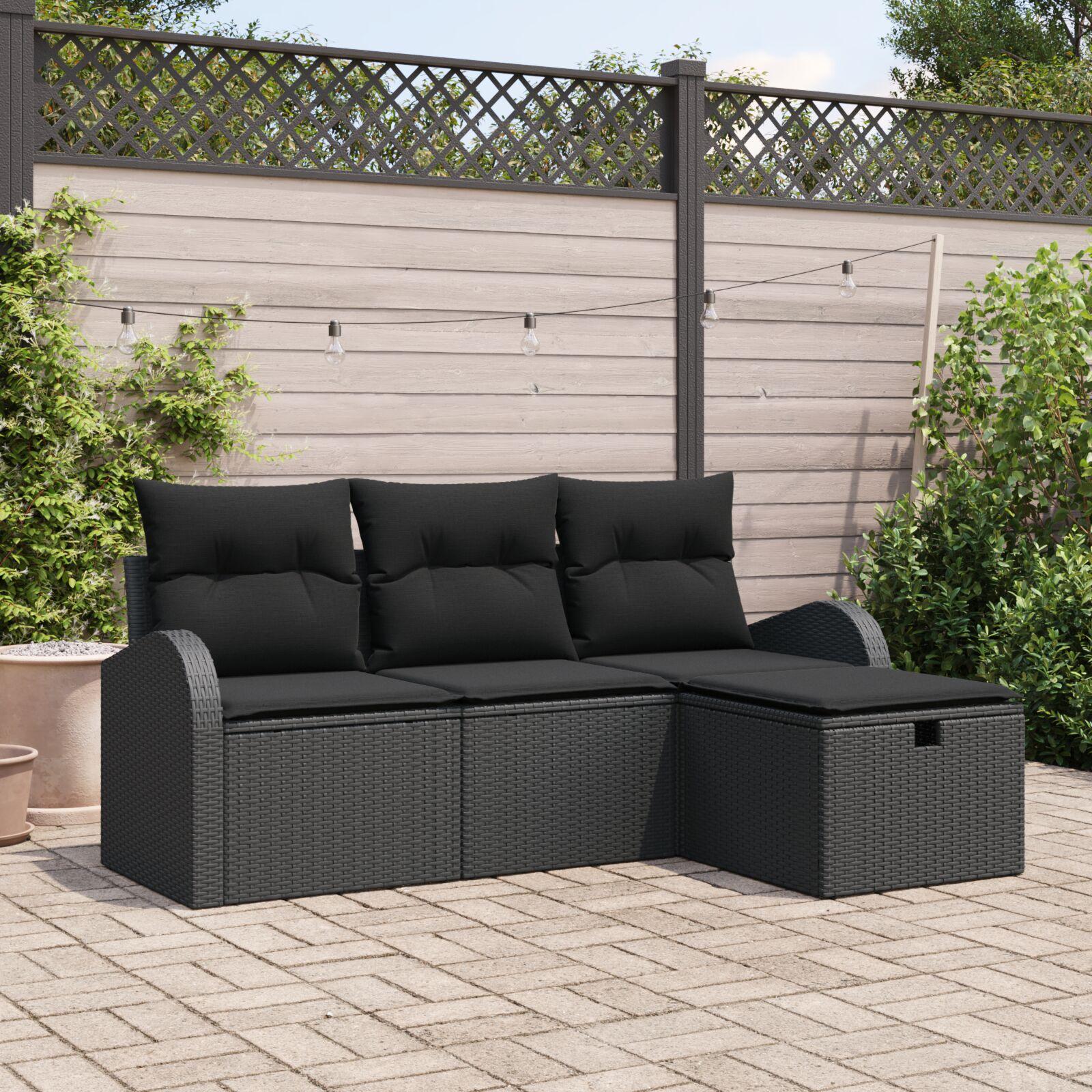 4-deles Have Sofa Sæt med Hynder Sort Poly Rattan