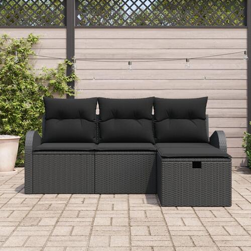 4-deles Have Sofa Sæt med Hynder Sort Poly Rattan