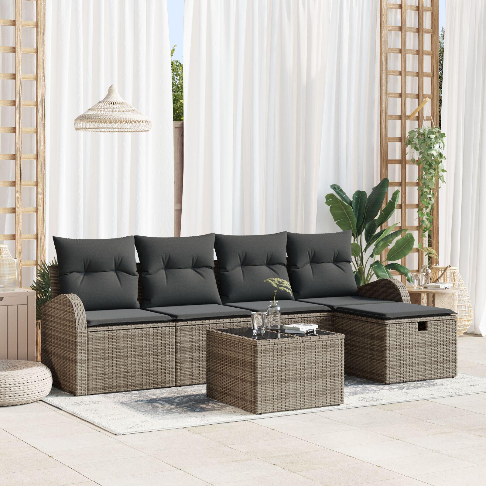 6 Stykke Have Sofa Sæt med Puder Grå Poly Rattan