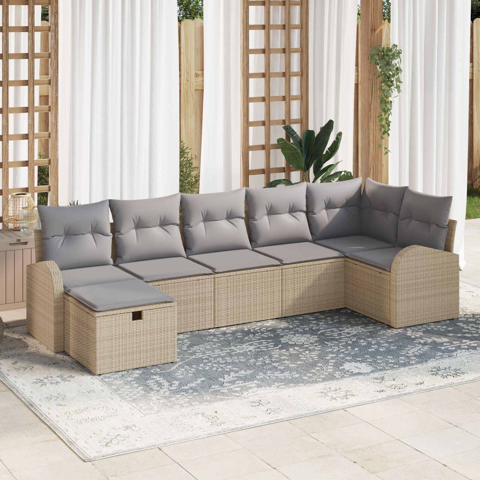 7 Styk Have Sofa Sæt med Puder Beige Poly Rattan