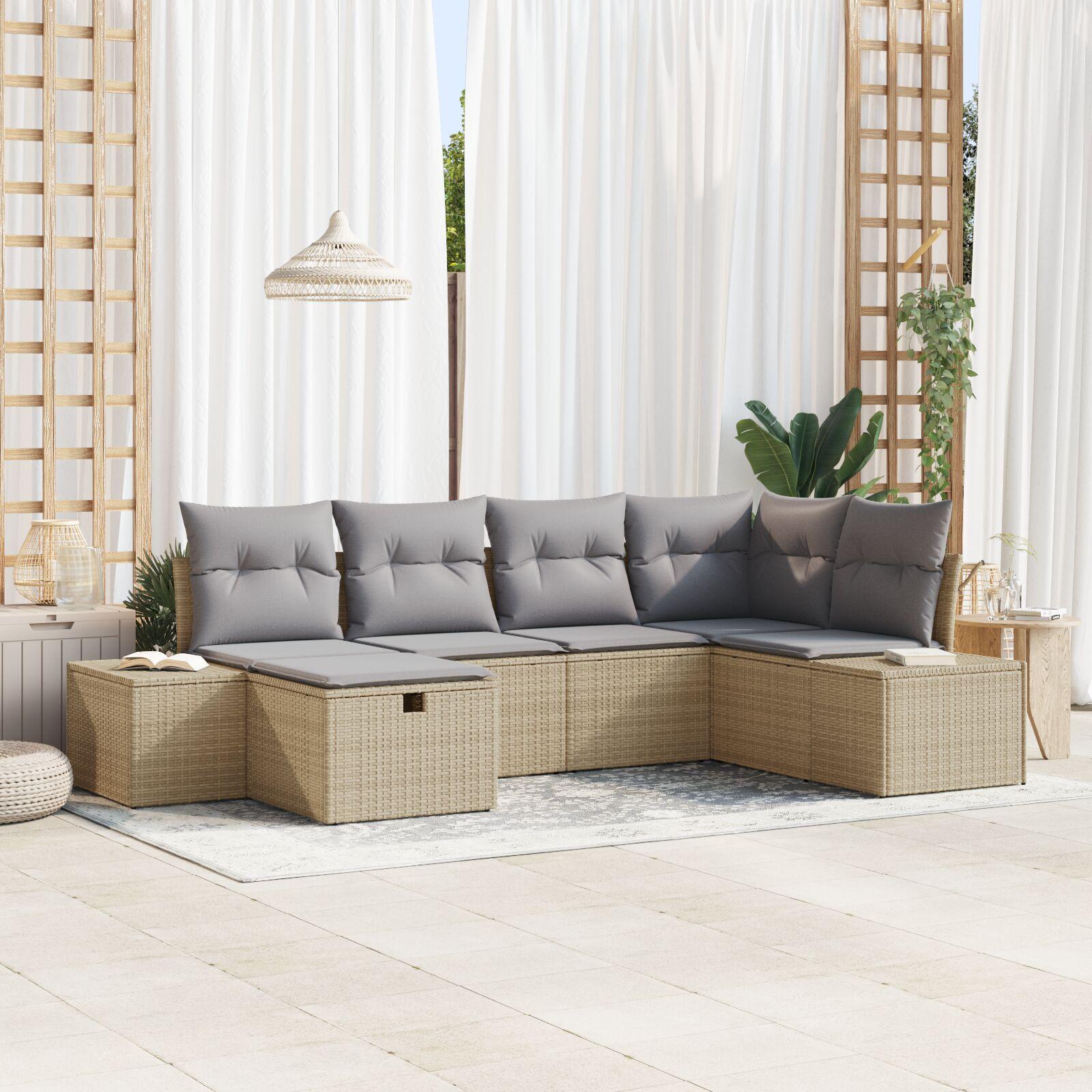 6-delers Havemøbel Sæt med Puder Beige Poly Rattan