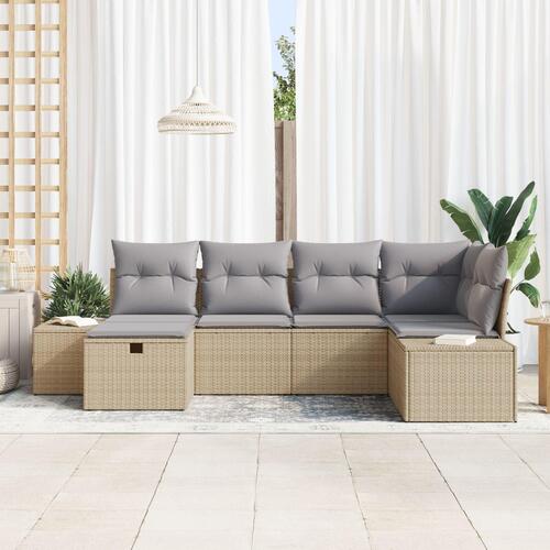 6-delers Havemøbel Sæt med Puder Beige Poly Rattan