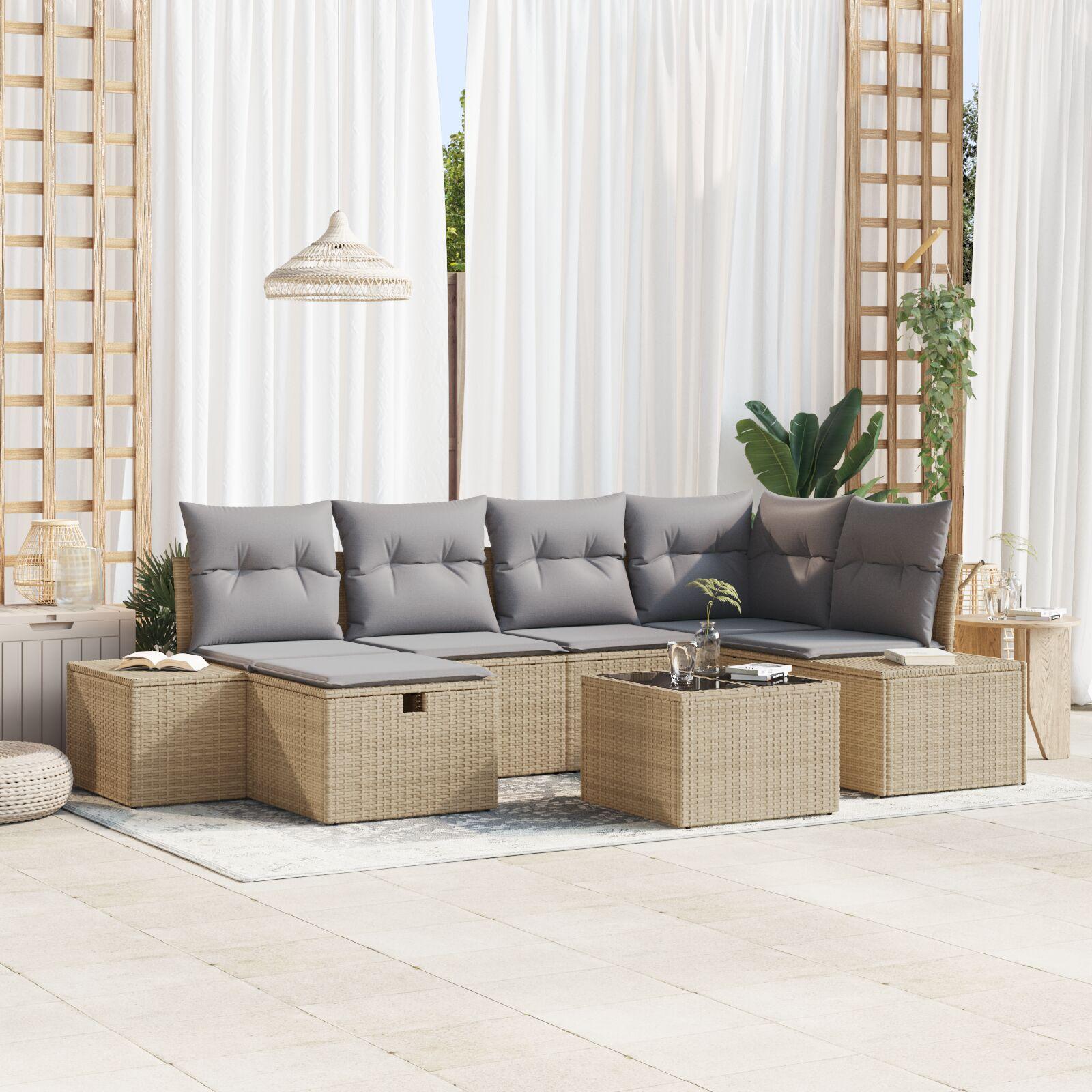 Havesofa sæt 7 stk. i beige polyrattan med puder billede