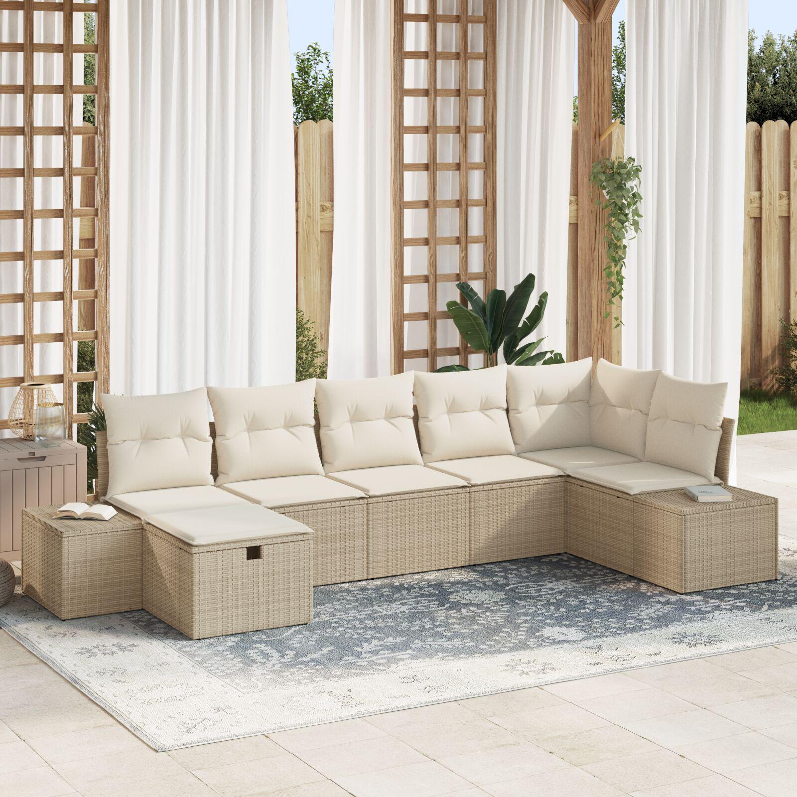 7 Stykker Have Sofa Sæt med Hynder Beige Poly Rattan