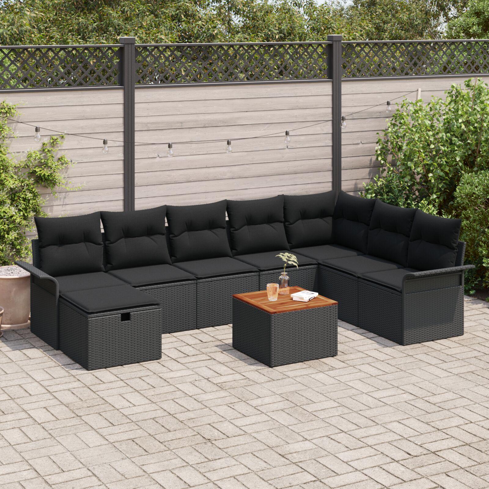 Havesofa Sæt med pude med opbevaring 9 stk Sort Poly rattan billede