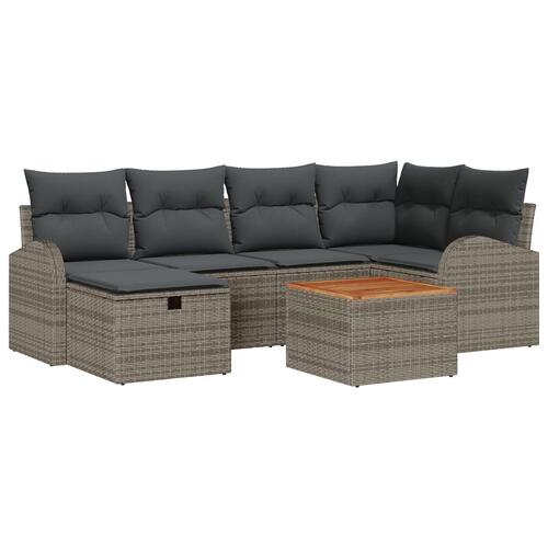 7 Stykke Havensofa Sæt med Puder Grå Poly Rattan