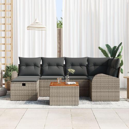 7 Stykke Havensofa Sæt med Puder Grå Poly Rattan