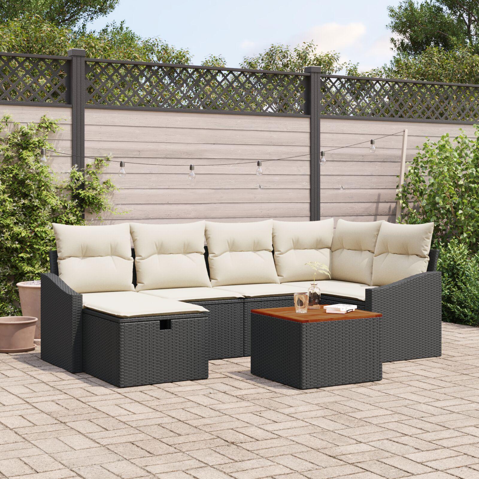 7 Stykker Have Sofa Set med Puder Sort Poly Rattan