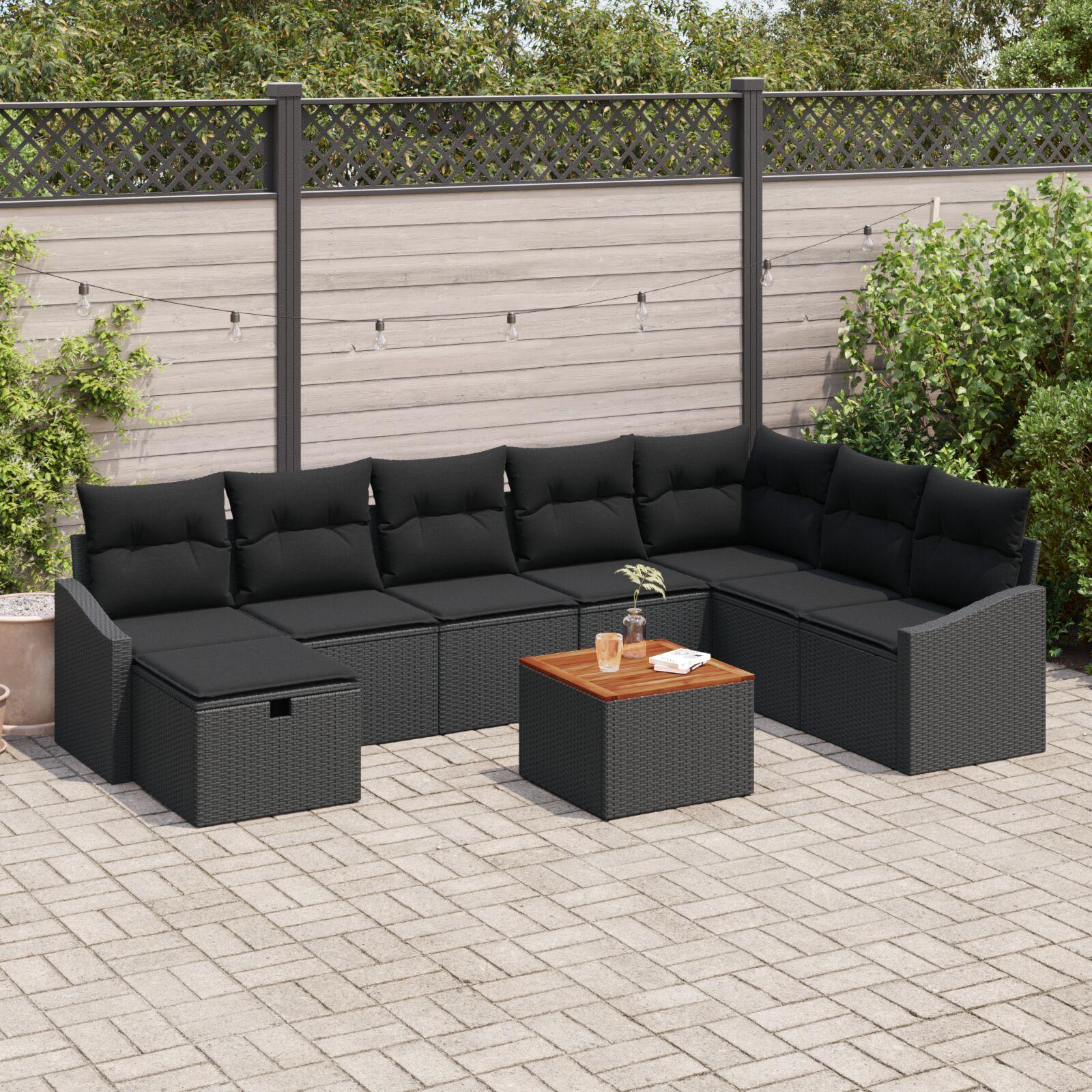 Havesofa Sæt med pude med opbevaring 9 stk Sort Poly rattan billede