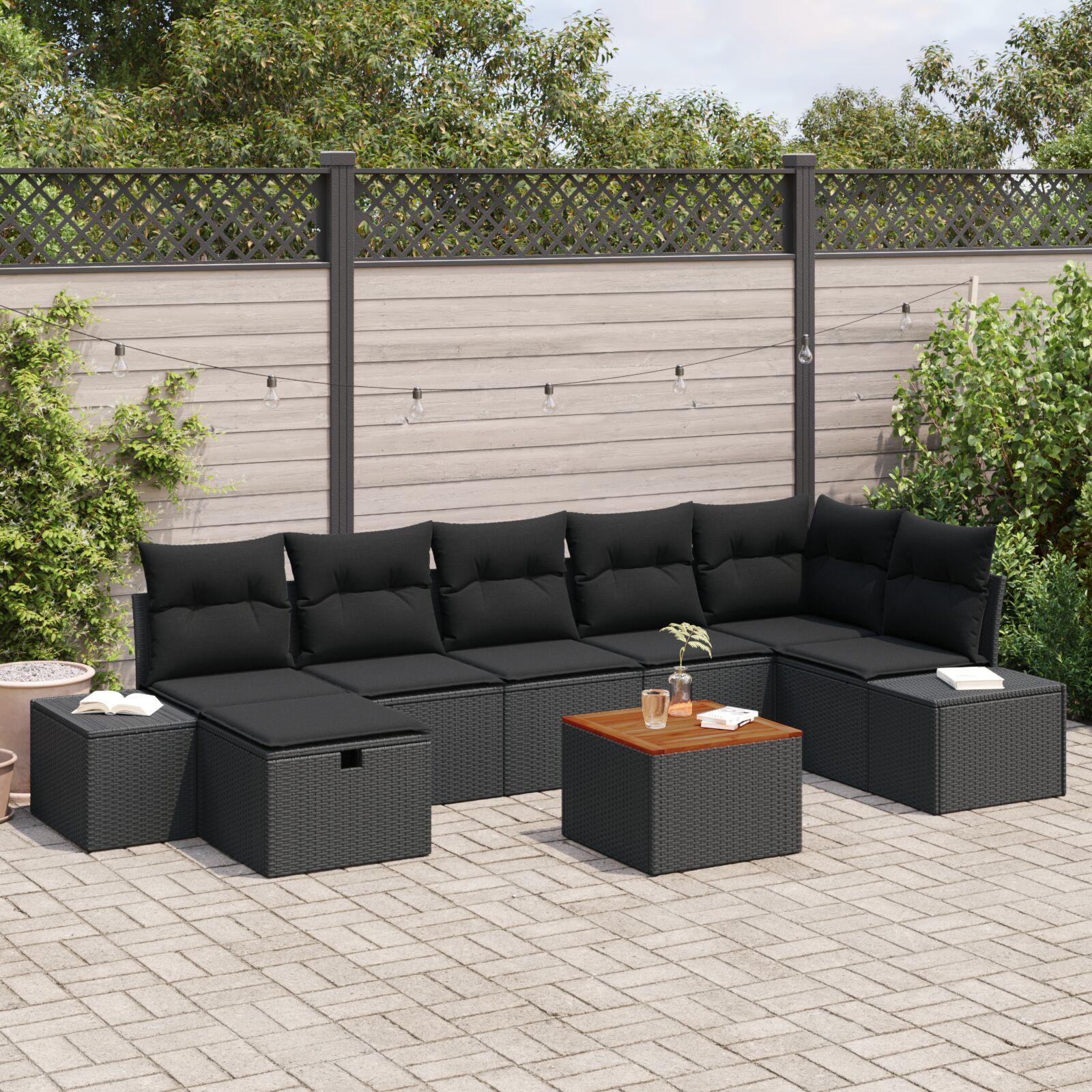 Havesofa Sæt med pude med opbevaring 8 stk Sort Poly rattan billede