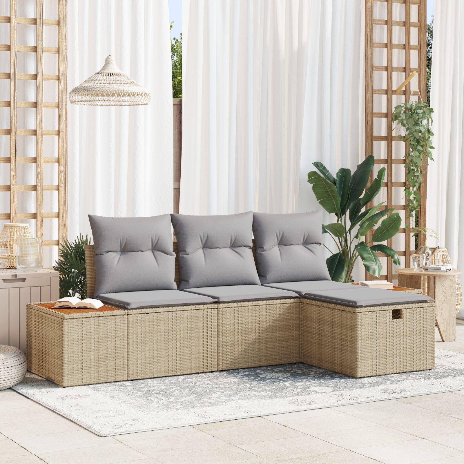 4 Deles Havesofa Sæt med Puder Beige Poly Rattan