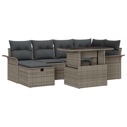 7 Stykker Havnesofasæt med Hynder Grå Poly Rattan