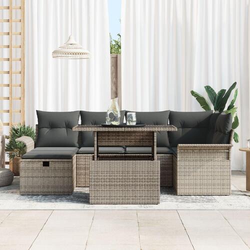 7 Stykker Havnesofasæt med Hynder Grå Poly Rattan