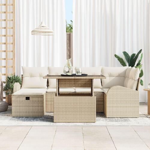 7-delt Havemøbel Sæt med Puder Beige Poly Rattan