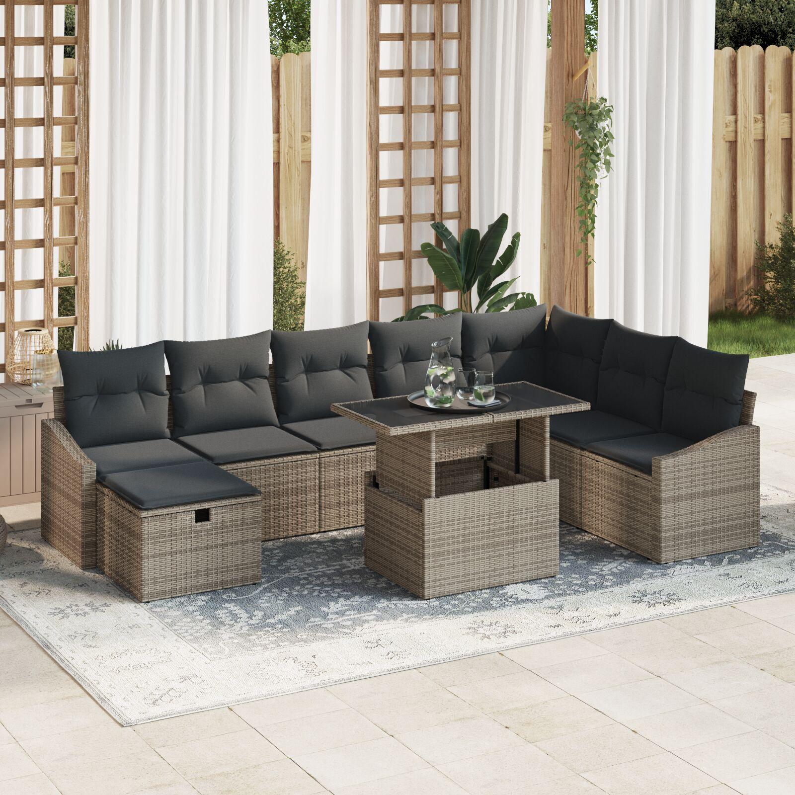9 Delers Have Sofa Sæt med Puder Grå Poly Rattan