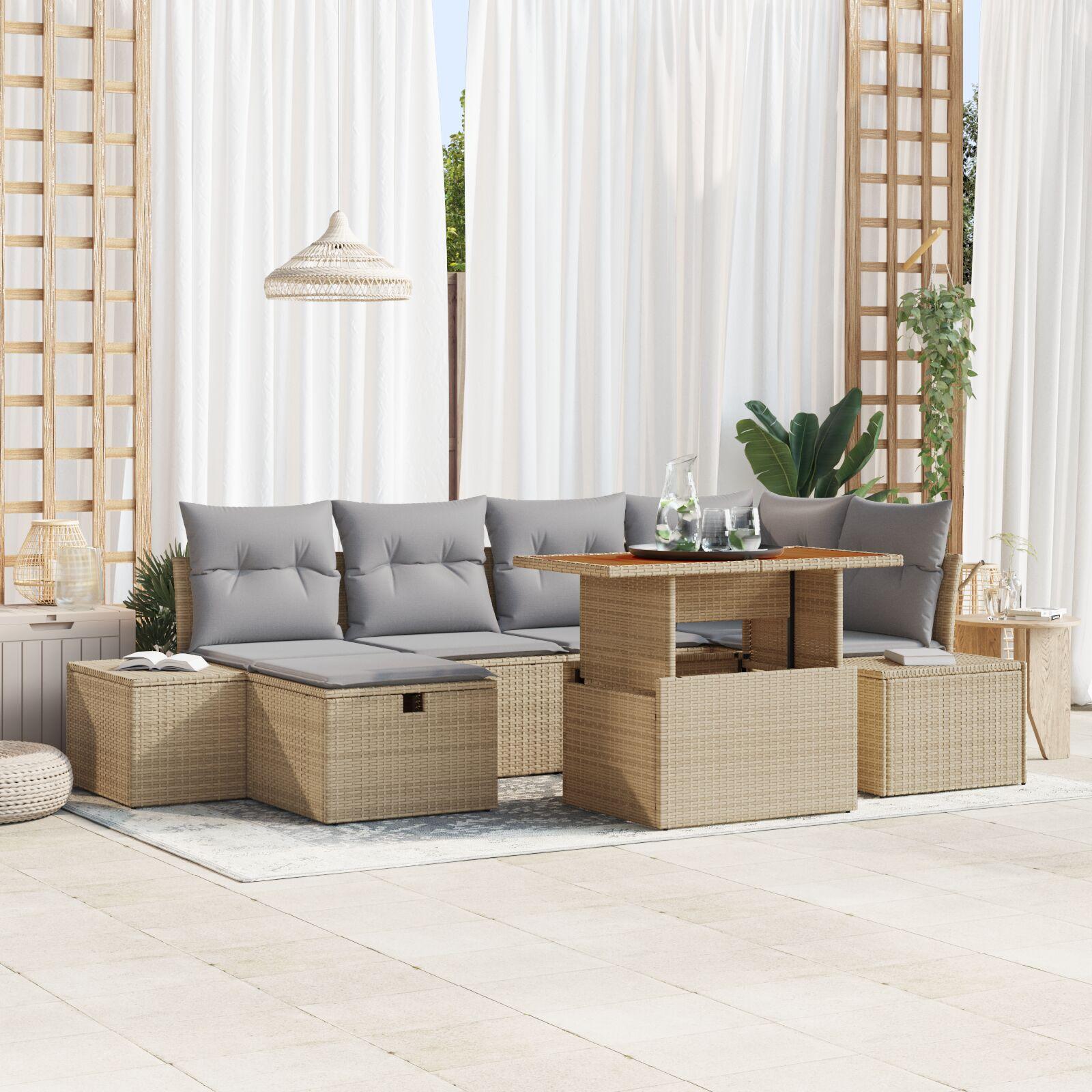 7 Stykke Havemøbelsæt med Hynder Beige Polyrattan
