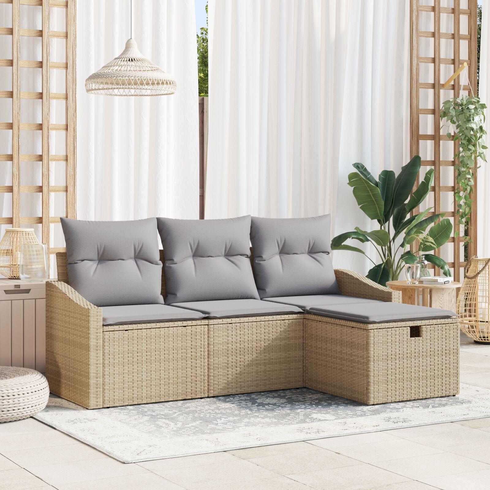 4 Deles Havesofa Sæt Med Puder Beige Poly Rattan