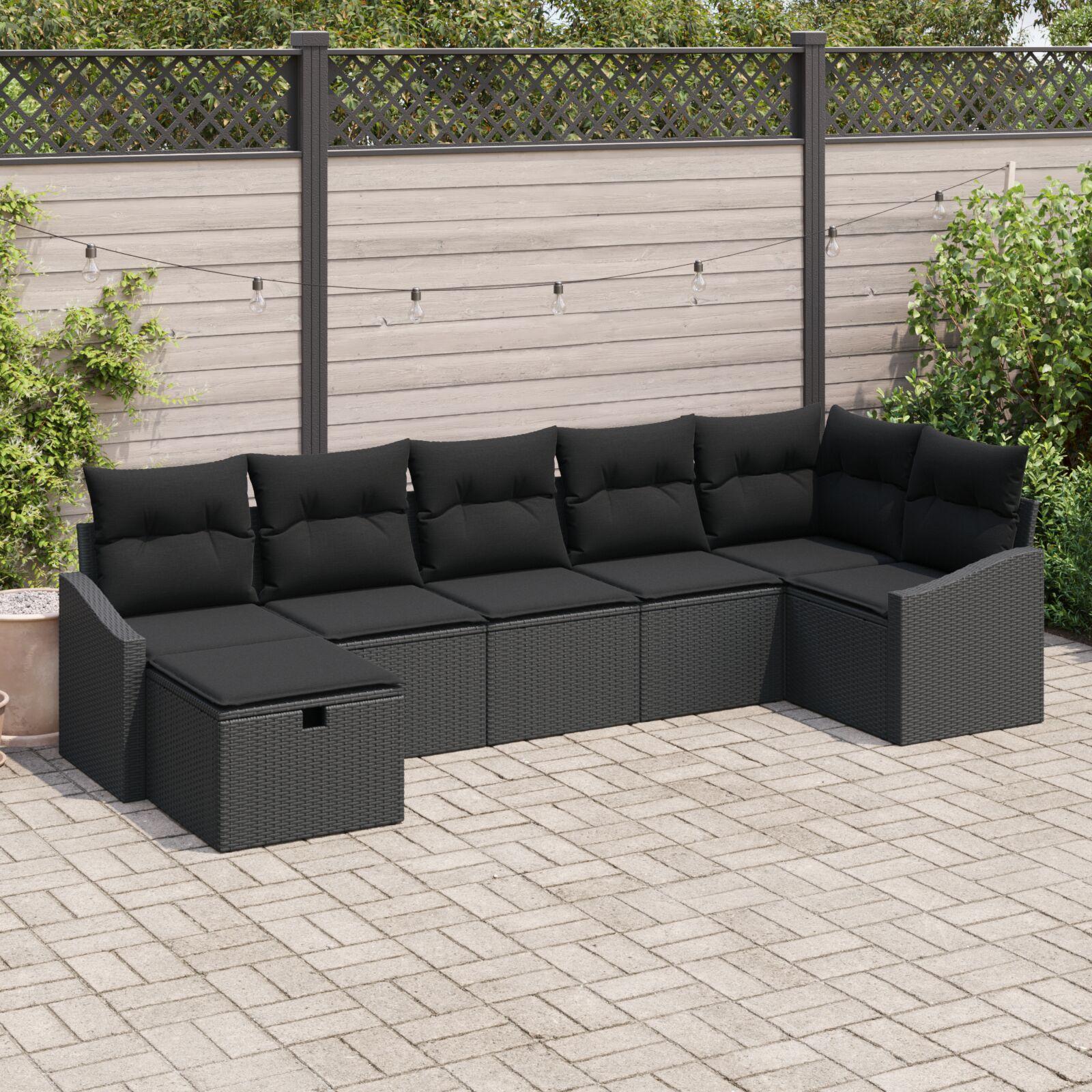 Havesofa Sæt med pude 7 stk Sort 55 x 62 x 69 cm Poly rattan billede