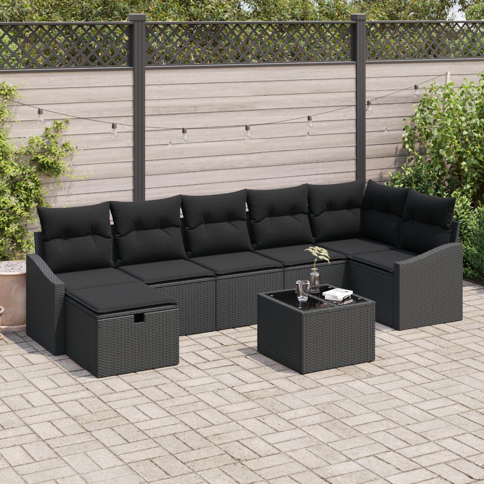 Havesofa Sæt med pude 8 stk Sort 55 x 62 x 69 cm Poly rattan billede