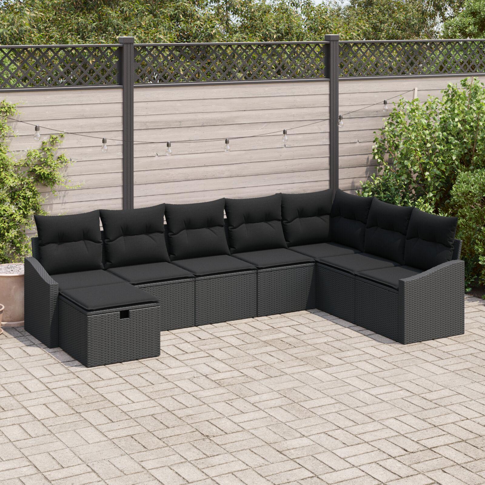 Havesofa Sæt med pude 8 stk Sort 55 x 62 x 69 cm Poly rattan billede