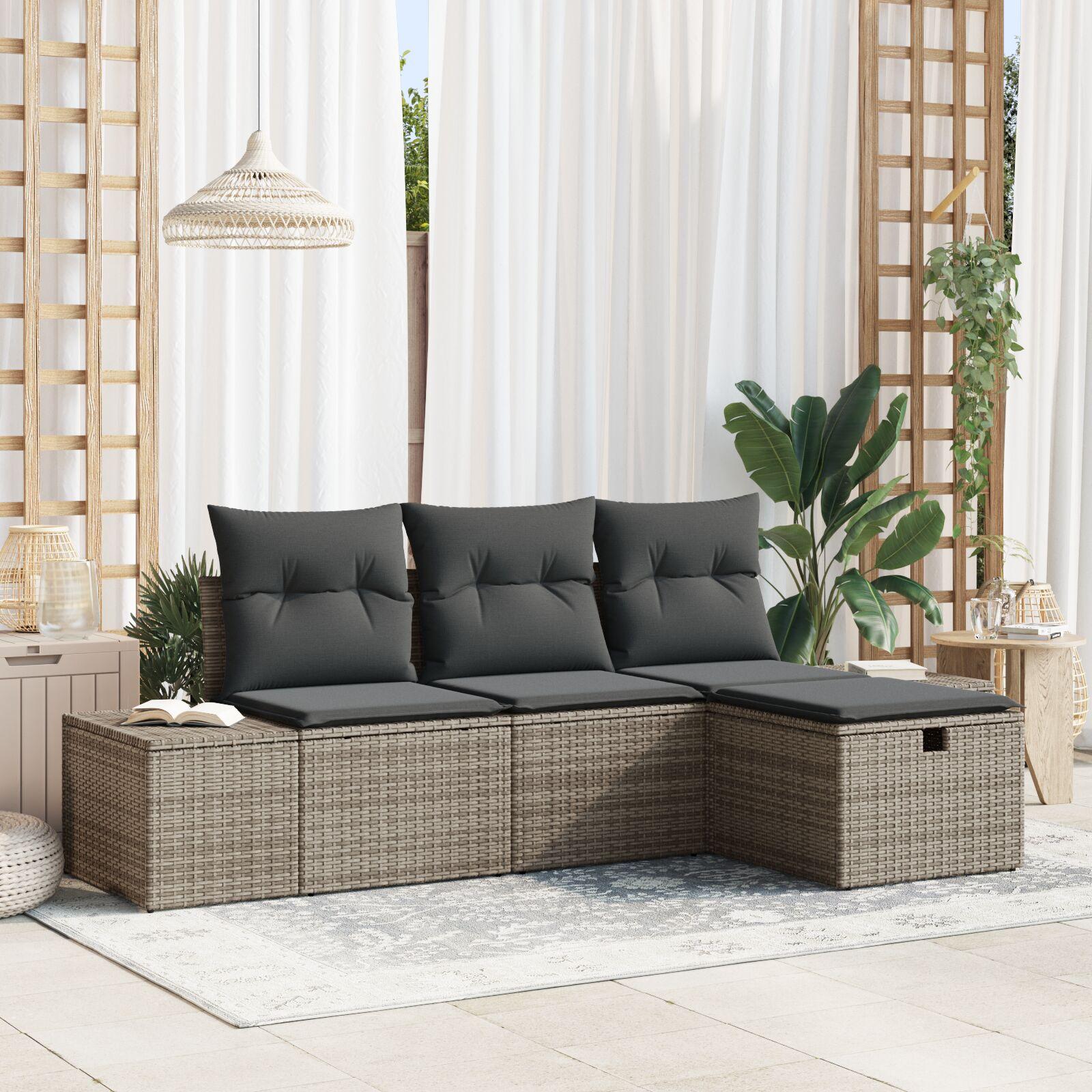 Havesofa Sæt med pude 4 stk Grå 55 x 62 x 69 cm Poly rattan billede
