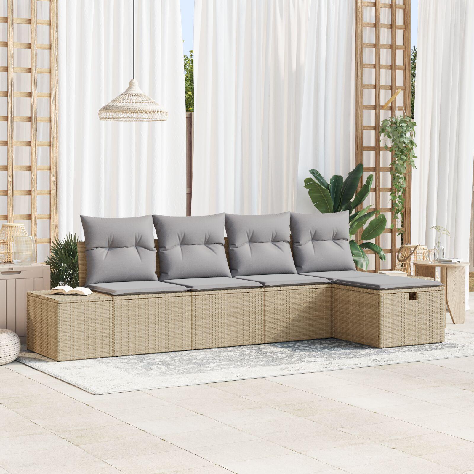Havemøbel sofasæt i polyrattan med hynder - modulært loungesæt til 5 personer