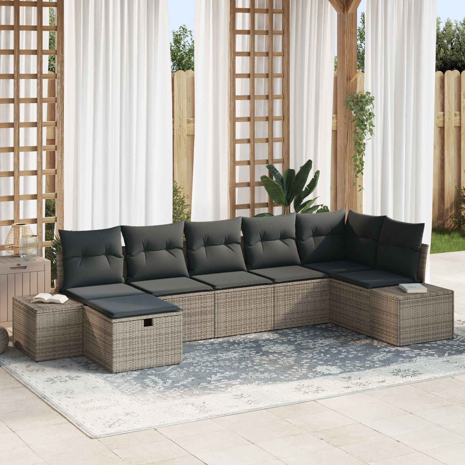 Havesofa Sæt med pude 7 stk Grå 55 x 62 x 69 cm Poly rattan billede