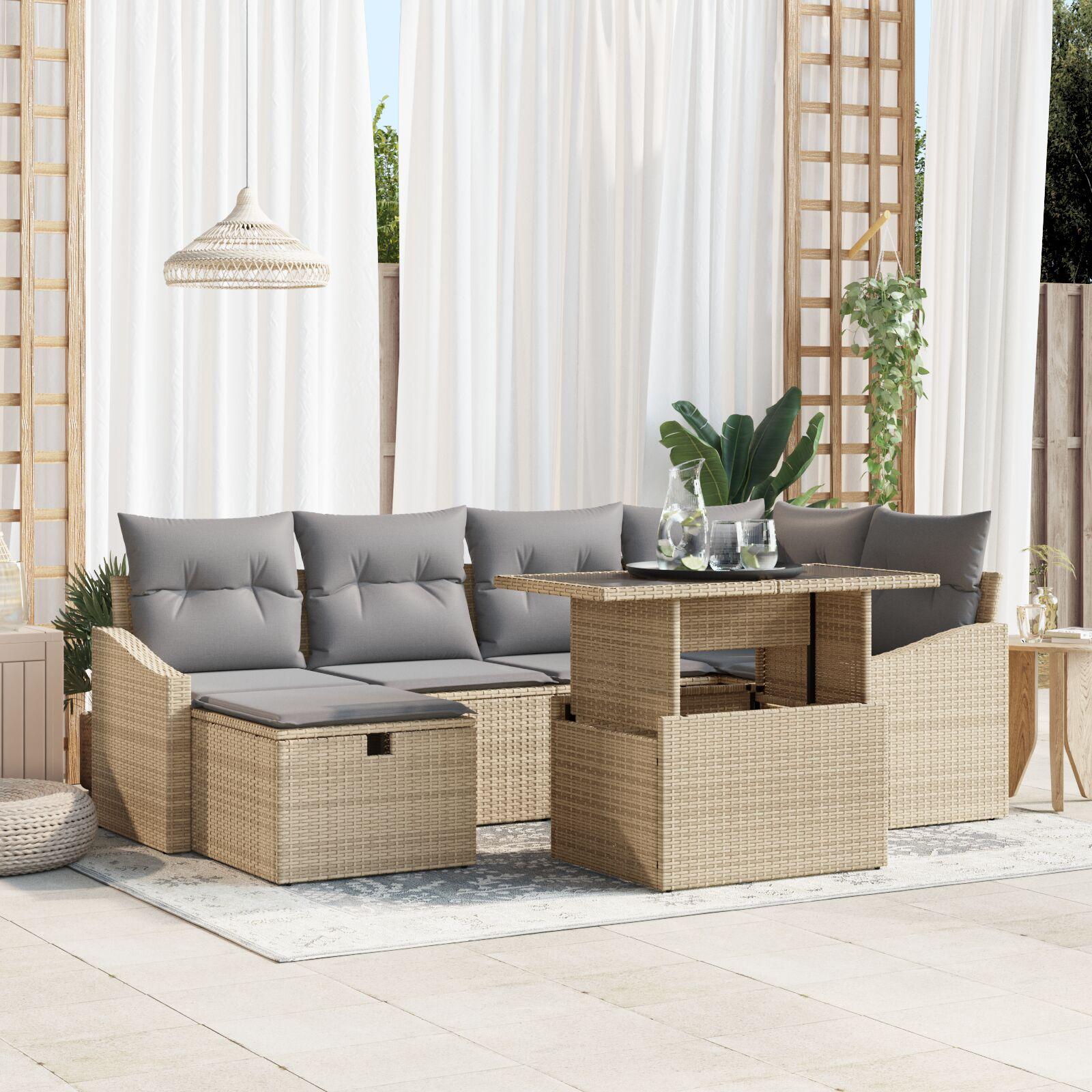 7 Stykker Have Sofa Sæt med Puder Beige Poly Rattan