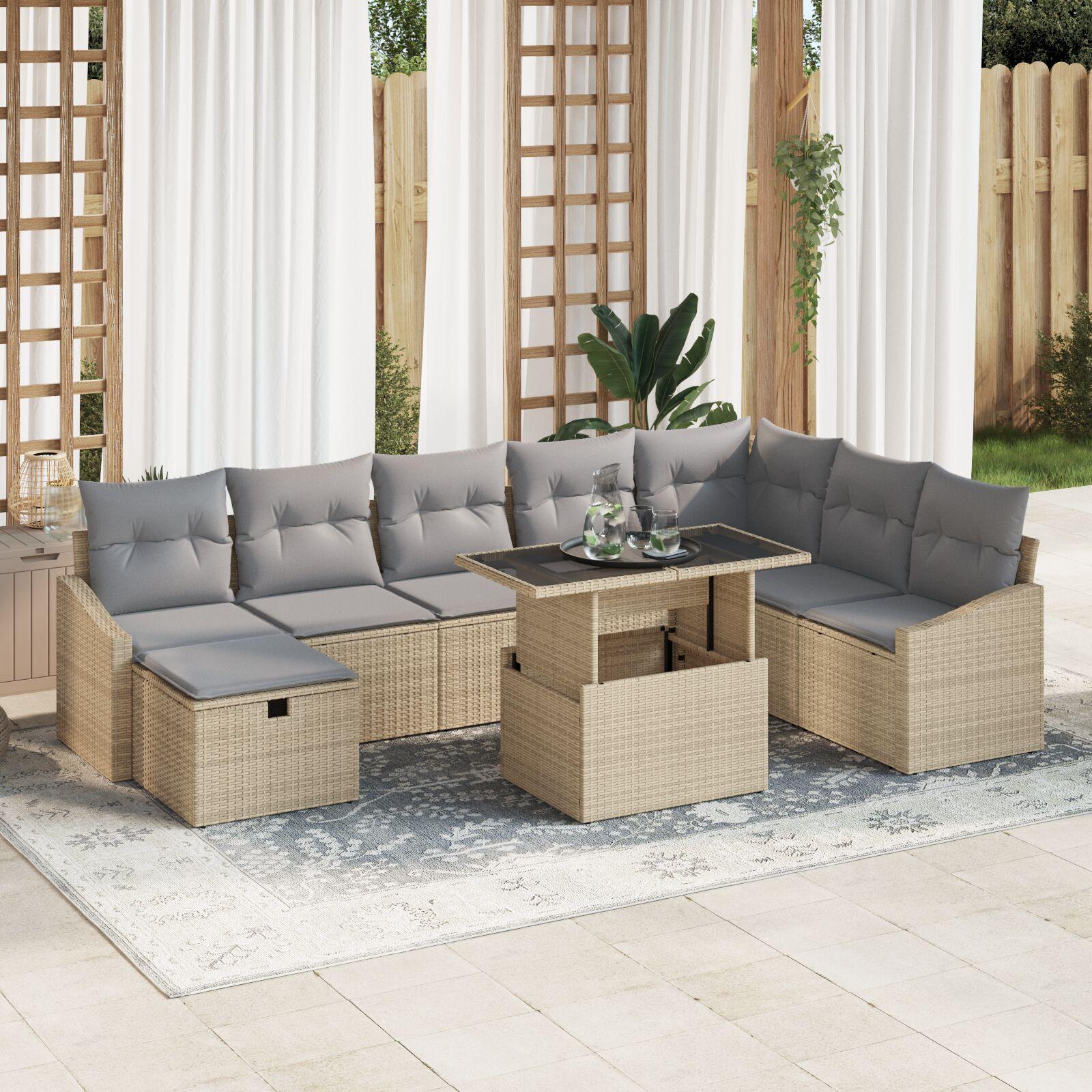Havesofa sæt 9 stk. i beige polyrattan med højdejusterbart bord billede