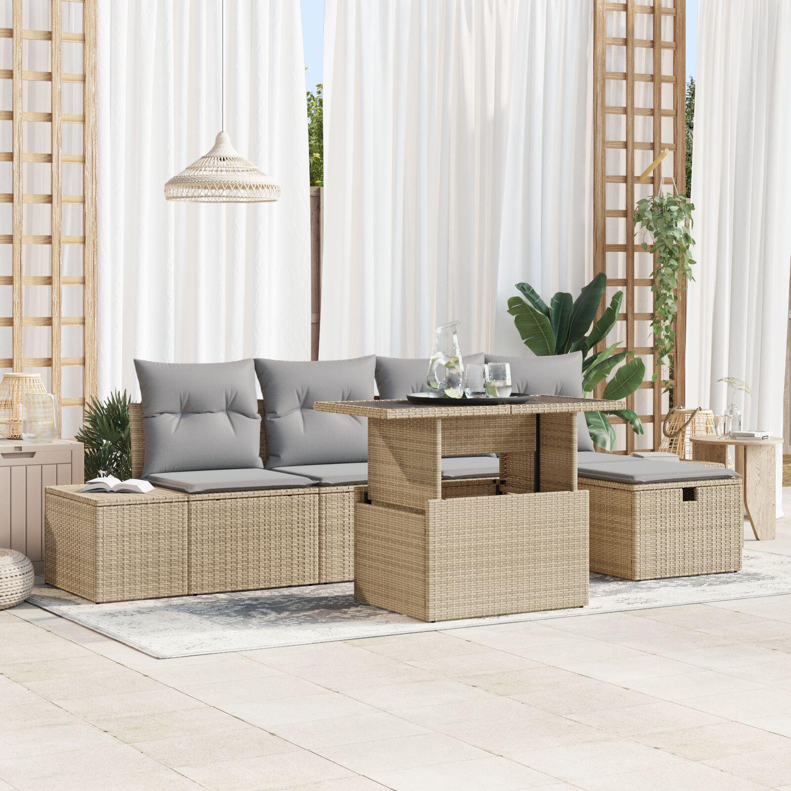 Havesofa sæt 6 stk. i beige polyrattan med højdejusterbart bord