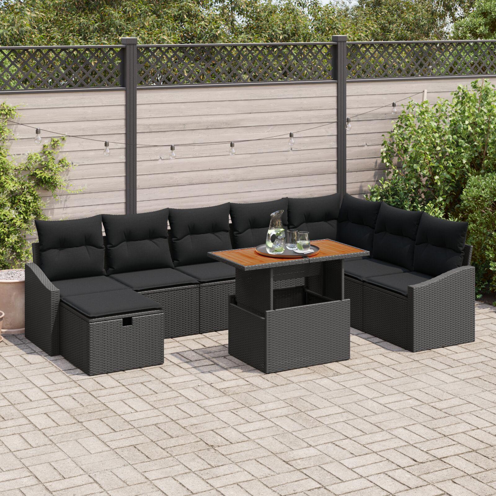 Havesofa Sæt 9 stk Sort polyrattan billede