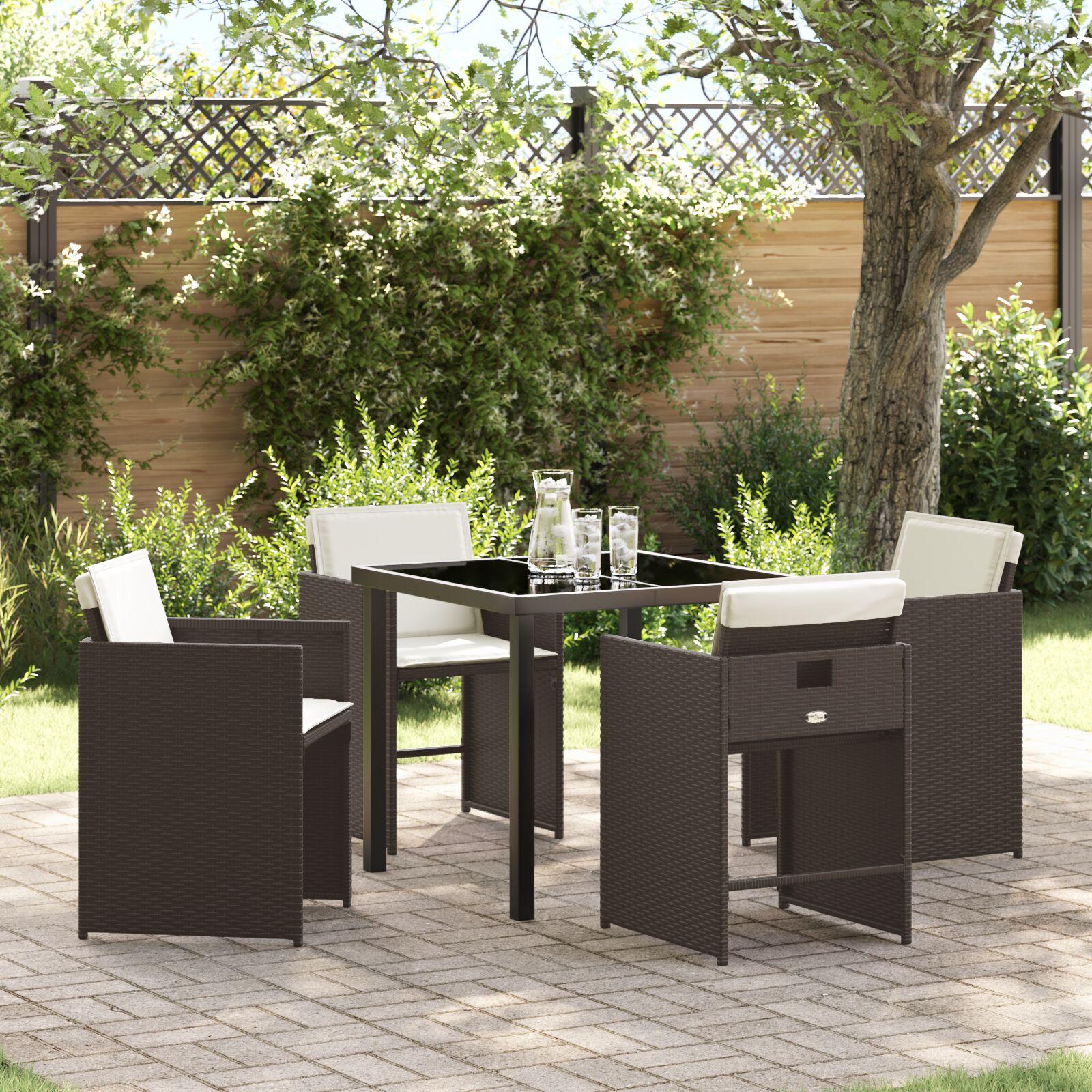5 Piece Garden Dining Set with Cushions Brown Poly Rattan