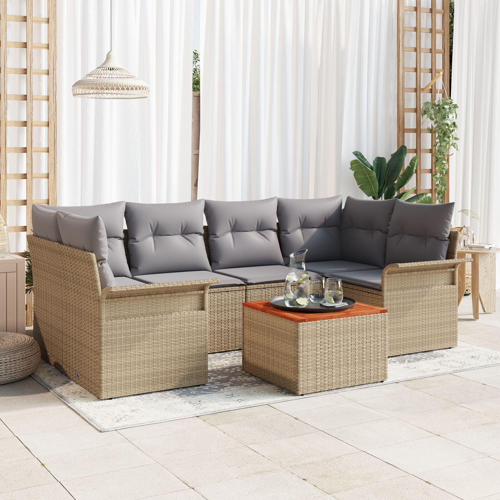 7-dele Have Sofa Sæt med Puder Beige Poly Rattan Akacie