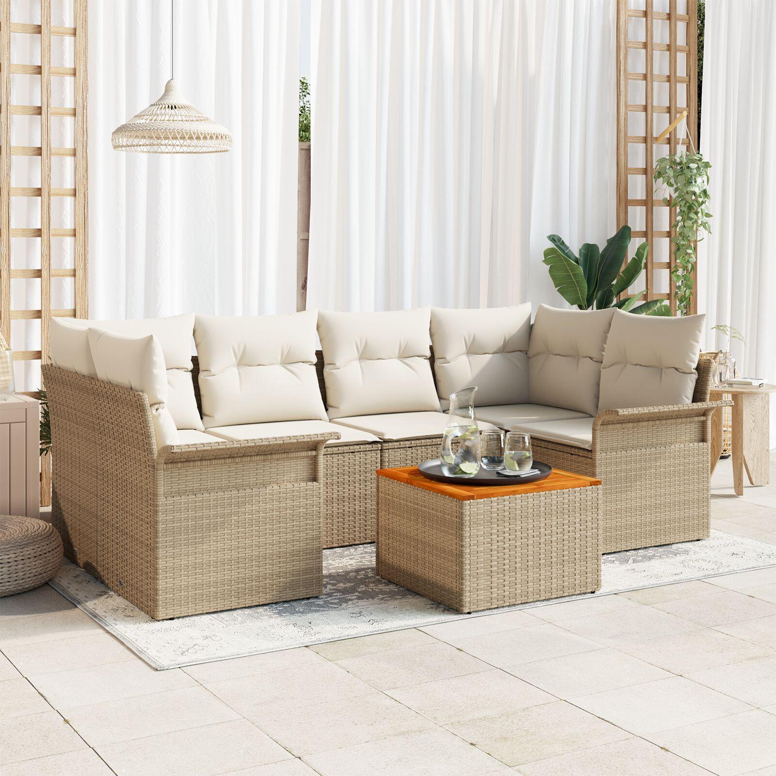 7-delers Have Sofa Set med Puder Beige Poly Rattan Akacie