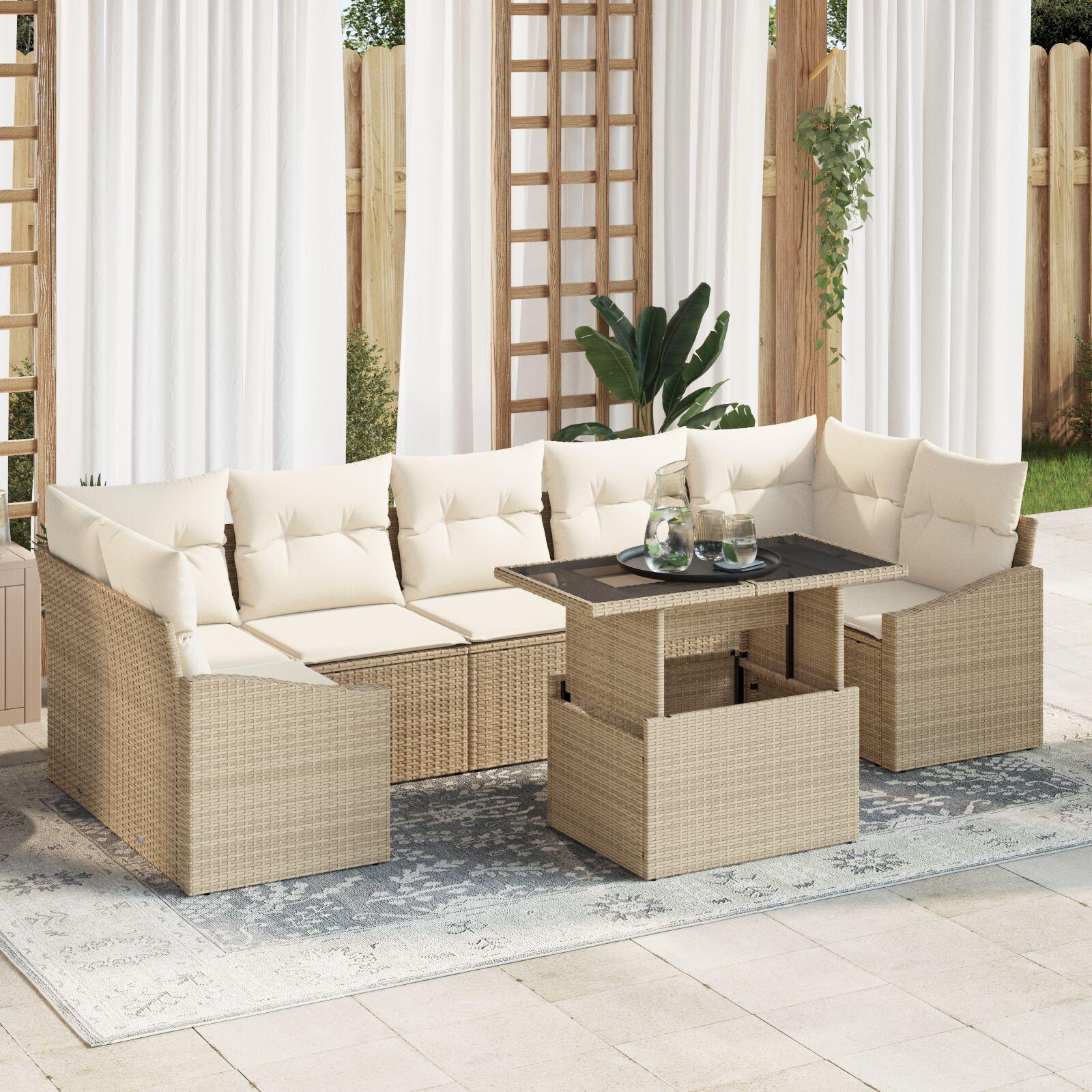 8-delt Have Sofa Sæt med Hynder Beige Poly Rattan