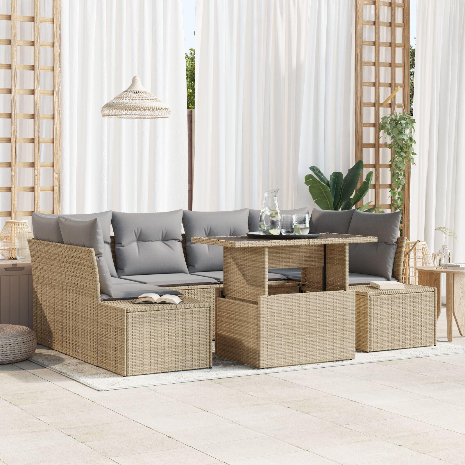 7 Stykker Have Sofa Sæt med Hynder Beige Poly Rattan