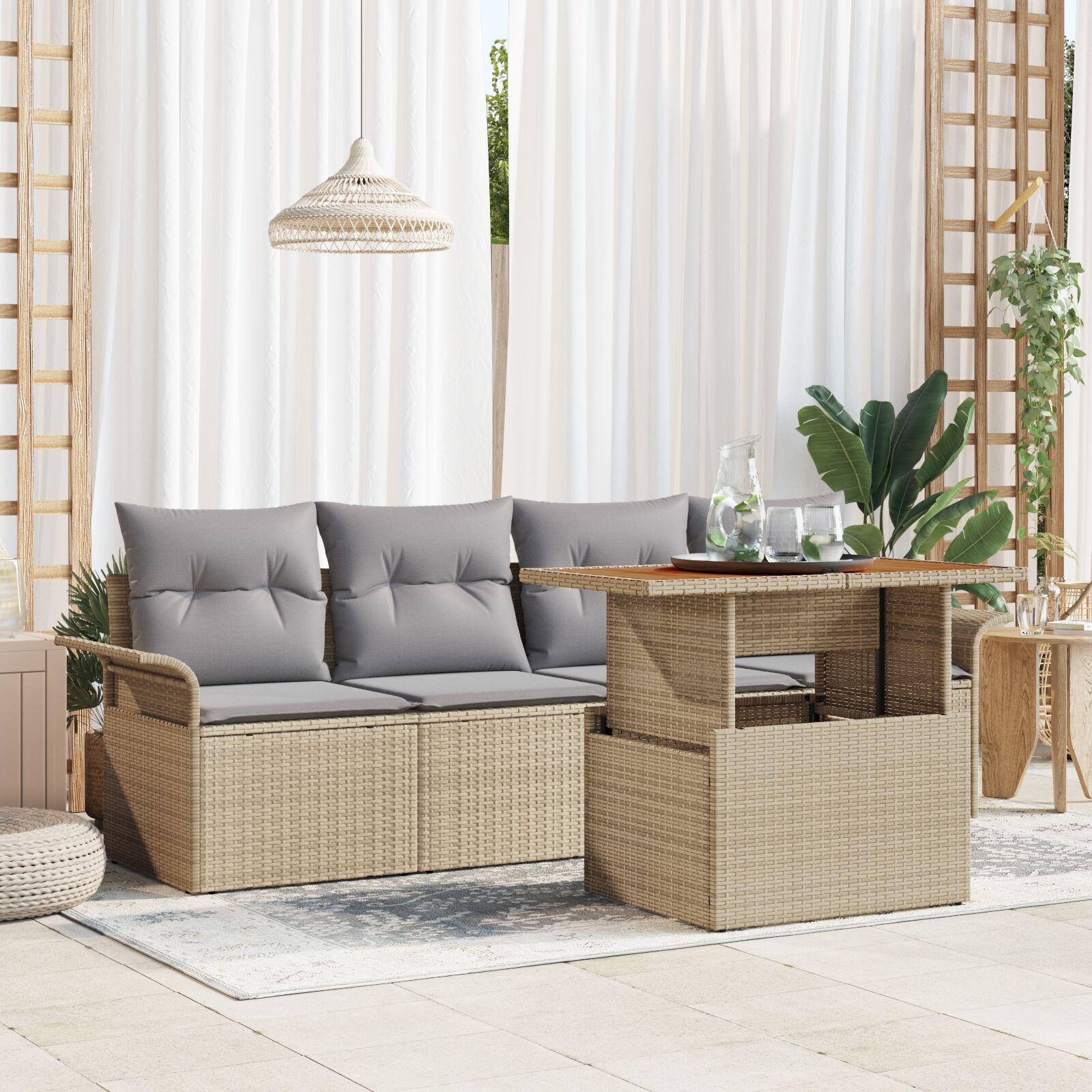5-delt have sofa sæt med puder i beige poly rattan