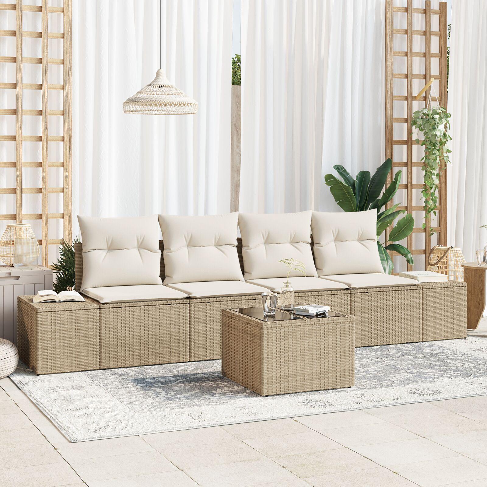 5 Delt Have Sofa Sæt med Puder Beige Poly Rattan