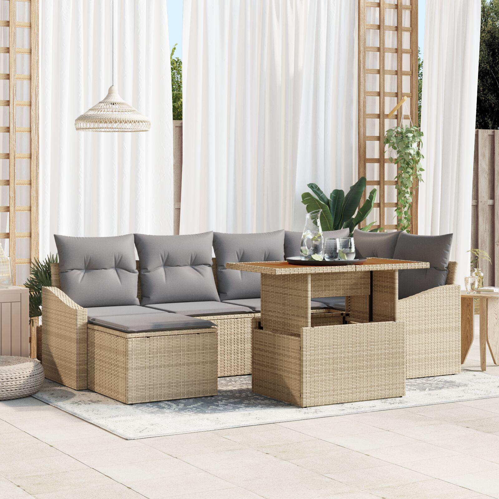 7 Del Have Sofa Sæt med Puder Beige Poly Rattan