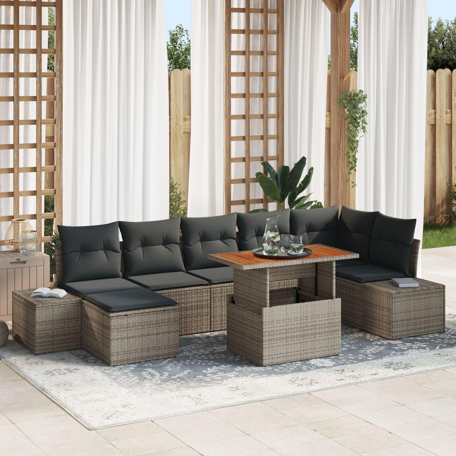 Havesofa-sæt med opbevaring - 8 dele, grå polyrattan, modulopstilling