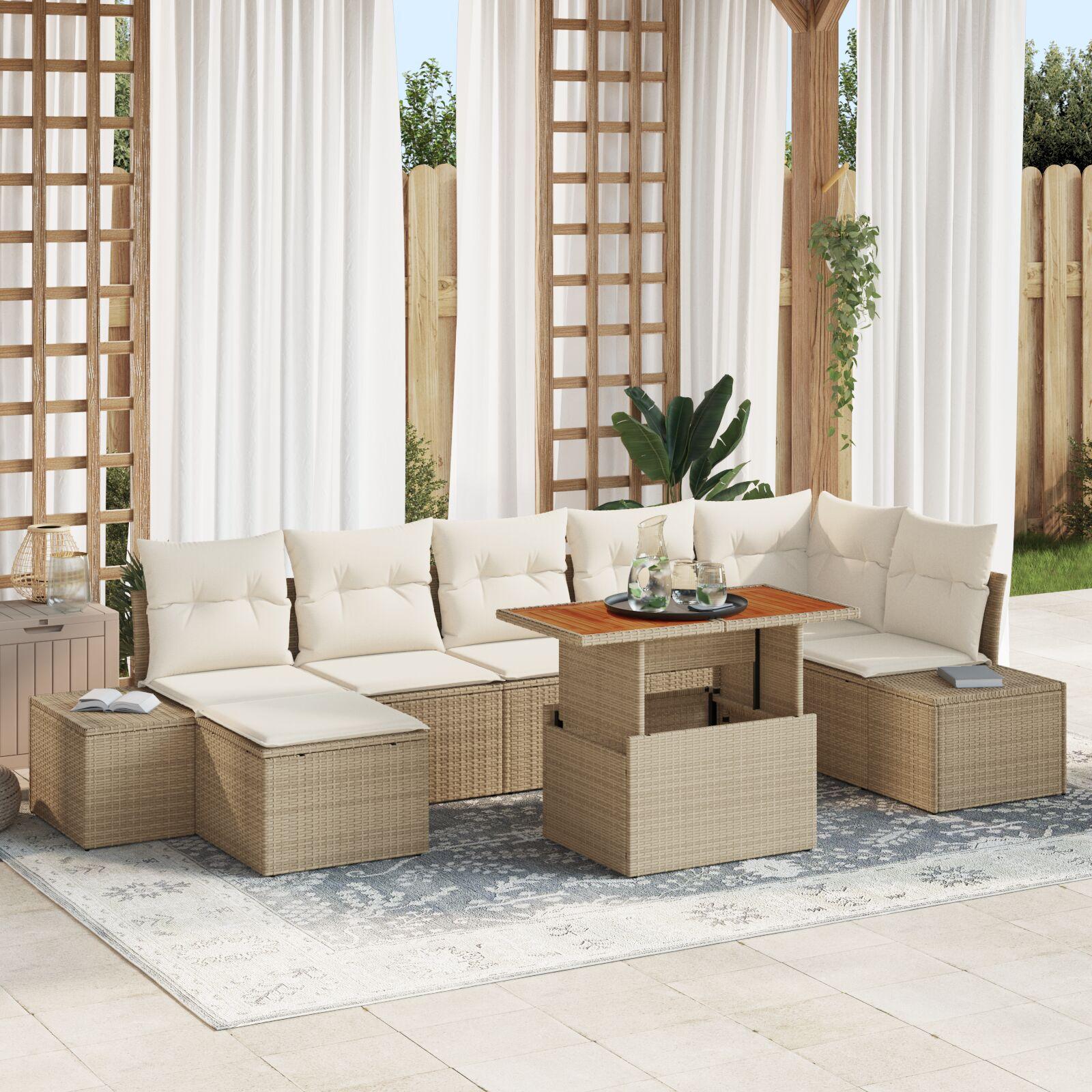 8 Delt Have Sofa Sæt med Puder Beige Poly Rattan