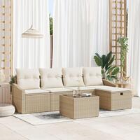 6 Piece Havemøbel Sæt med Puder Beige Poly Rattan